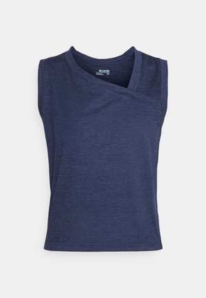 Ärmelloses, marineblaues Sportoberteil mit asymmetrischem Ausschnitt und weichem Stoff, entworfen für Komfort und lässiges Tragen.