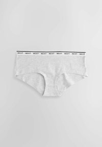 Grey cotton brief with a black elastic waistband featuring the brand name “NEXT” repeated. Features a classic cut and soft texture.