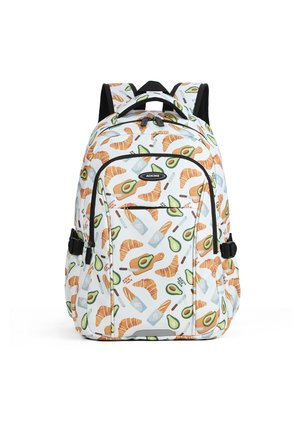 Zaino con tessuto bianco decorato con illustrazioni colorate di croissant, avocado e utensili da cucina. Spallacci regolabili neri.