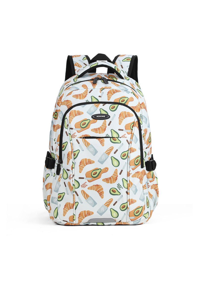 Sac à dos en tissu blanc orné d'illustrations colorées de croissants, d'avocats et d'ustensiles de cuisine. Bretelles noires réglables.