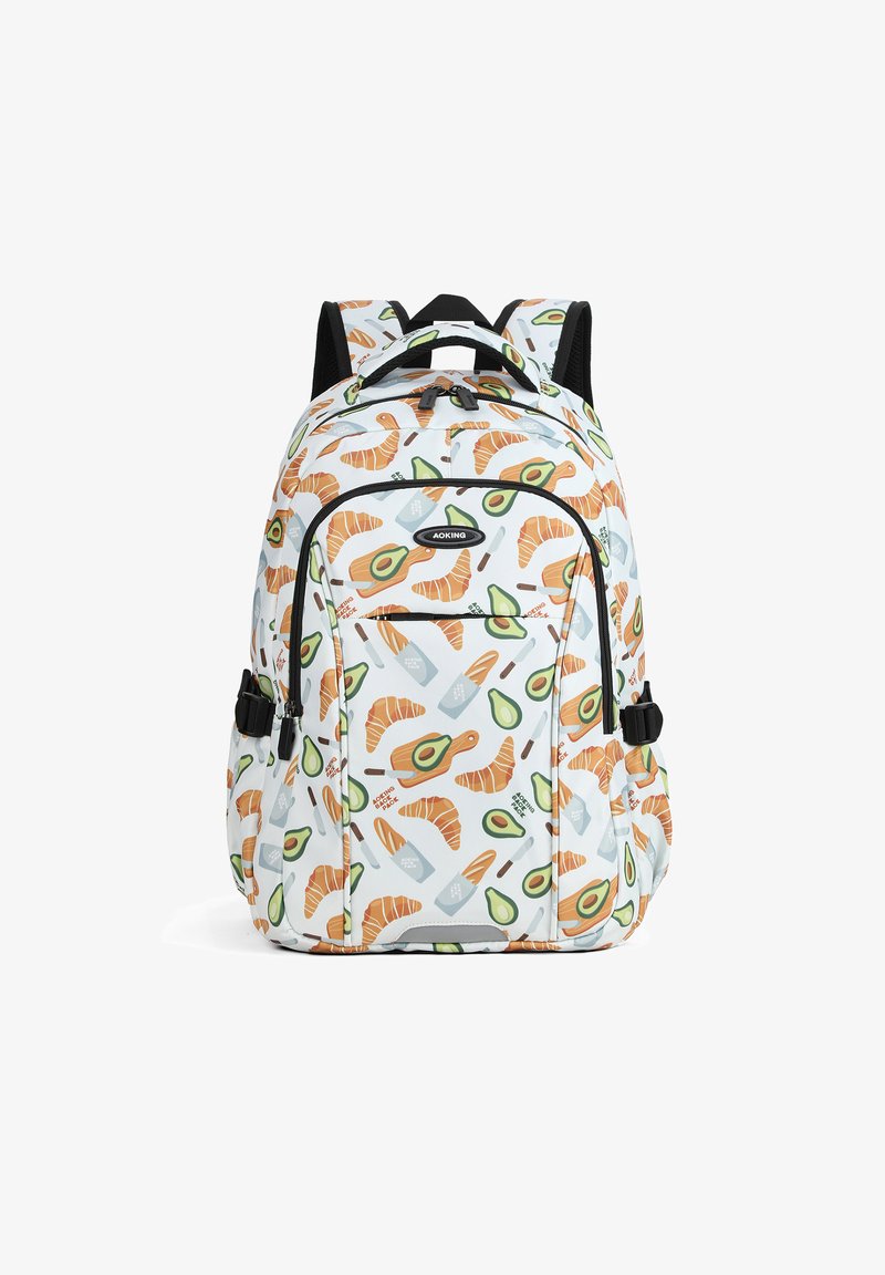 Zaino con tessuto bianco decorato con illustrazioni colorate di croissant, avocado e utensili da cucina. Spallacci regolabili neri.