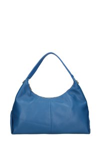 Blauwe leren handtas met een zachte textuur, gebogen vorm, brede schouderriem en subtiele stiksels. Voorzien van een ritsluiting aan de bovenkant.