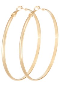 Gold-tone metal hoop earrings with a smooth, polished finish. Each earring has a secure clasp design, circular shape, and moderate thickness.
