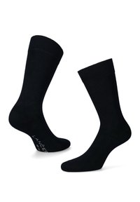 Czarne bawełniane skarpetki z prążkowanym wykończeniem, sięgające do połowy łydki, o gładkiej strukturze i z logo nadrukowanym na podeszwie. Klasyczny design bez wzorów.