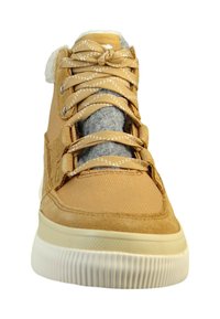 Tan high-top sneaker with textured fabric upper, laced front, and fleece collar. Features a rubber sole and a padded tongue for comfort.