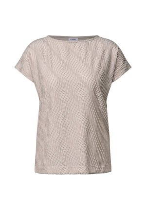 Maglietta a maniche corte in tessuto beige chiaro con un motivo a texture ondulata. Presenta un colletto rotondo e una vestibilità comoda. L'orlo è dritto.