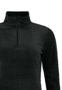 Zwarte lange mouwen pullover met een hoge kraag, voorzien van een getextureerd patroon van verhoogde lijnen en een korte rits aan de voorkant. Zachte stof.