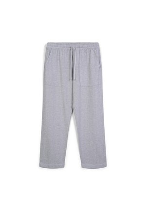 Pantaloni jogger in cotone grigio con vita regolabile, due tasche frontali e polsini affusolati. Texture morbida, design leggero.