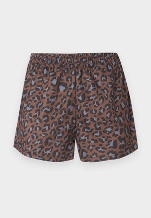 Shorts à taille élastique imprimé léopard marron et noir, coupe décontractée sur fond blanc uni.
