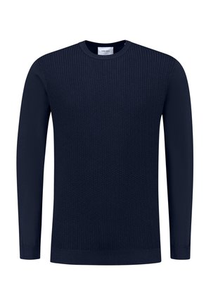 Navy blue knitted sweater with a round neck, long sleeves, textured pattern, and ribbed cuffs and hem. Made from soft, lightweight material.