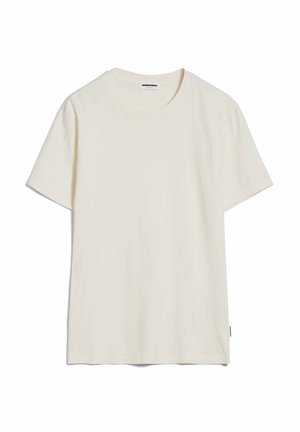 Korte mouw, T-shirt met ronde hals in off-white katoen. Glad textuur, ontspannen pasvorm, met een klein merklabel aan de onderzijde van de linkermouw.