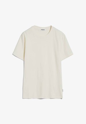 Korte mouw, T-shirt met ronde hals in off-white katoen. Glad textuur, ontspannen pasvorm, met een klein merklabel aan de onderzijde van de linkermouw.