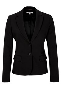 Blazer negro ajustado con solapa de muesca, mangas largas, dos bolsillos frontales y un cierre de botón. Tejido suave con un diseño clásico.