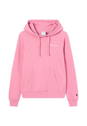 Sudadera con capucha de color rosa claro, hecha de tela suave, con un bolsillo frontal, capucha con cordón ajustable y logo en el pecho y la manga.