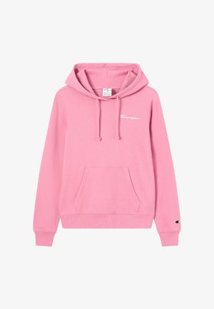 Sweat à capuche rose clair en tissu doux, avec une poche avant, une capuche ajustable avec cordon et un logo sur la poitrine et la manche.
