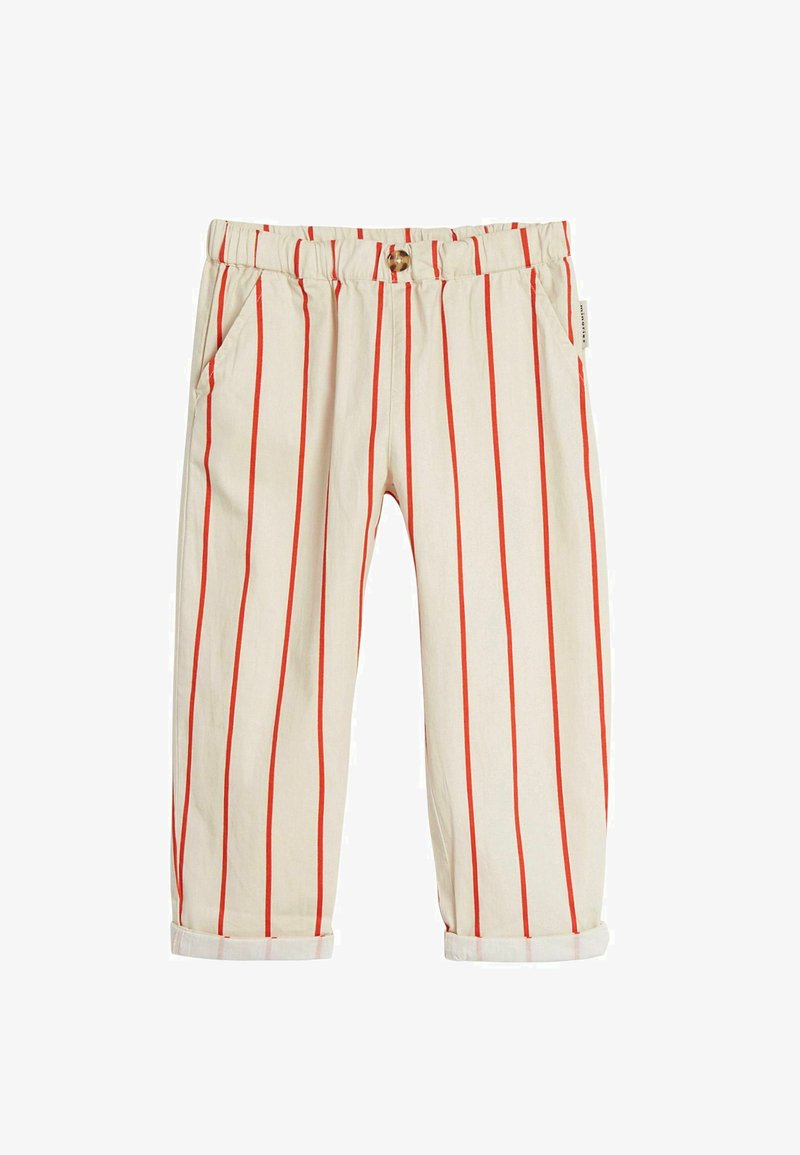 Gestreepte broek van katoen, met een crèmekleurige basis en rode verticale strepen, een elastische tailleband, voorzakken en omgeslagen zoom.