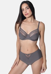 Gray striped lingerie set featuring a lace-trimmed bra with underwire and matching high-waisted panties, both with a smooth finish.
