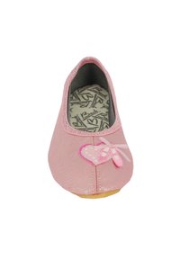 Ballerinas aus pinkem Satin mit einer Herz- und Ballettschuhstickerei auf der Spitze, runder Form und strukturiertem Innenfutter.