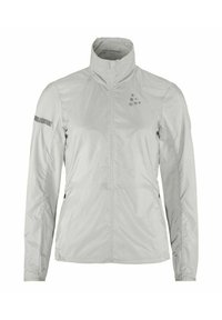 Veste légère grise, compressible, avec un col montant, fermeture éclair, manches longues, accents réfléchissants et un motif texturé subtil.