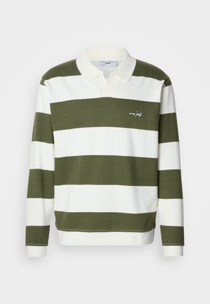 Polo a righe verdi e bianche con colletto, con un logo sul lato sinistro, realizzata in morbido cotone. Maniche lunghe.