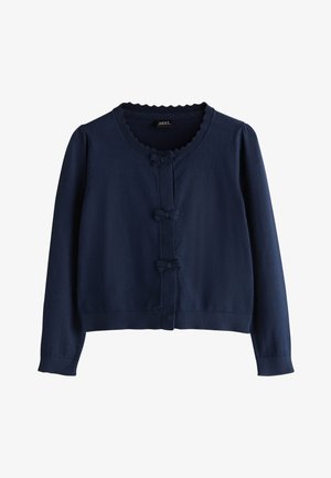 Marineblauer Langarm-Cardigan mit drei kleinen Schleifenverschlüssen und einem gewellten Ausschnitt.