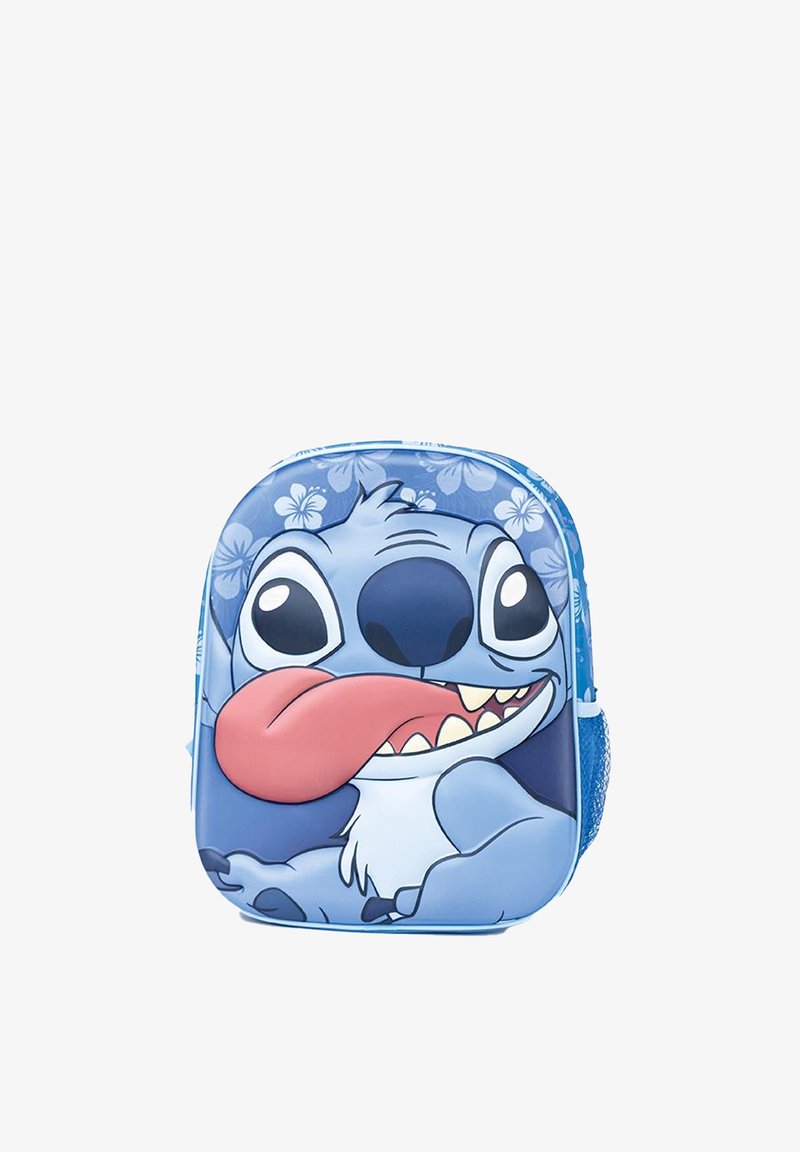 Blauwe rugzak met een cartoonfiguur met grote ogen en een speelse uitdrukking, versierd met bloemmotieven en een getextureerd oppervlak.