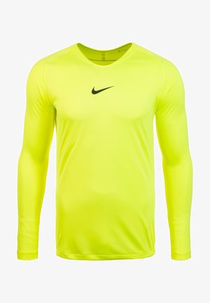 Langarm sportshirt van felgele stof, met een ronde halslijn en een zwart Nike-logo op de borst. Soepele textuur.