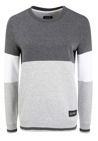 Felpa grigia con scollatura rotonda. Design a blocchi di colore in grigio scuro, grigio chiaro e bianco. Polsini e orlo a costine, etichetta nella parte inferiore.