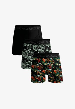 Drei Herren-Boxershorts mit schwarzen Bündchen, auf denen "MUCHACHOMALO" steht, in einfarbigem Schwarz, monochromem Meeresschildkrötenmuster und buntem Meeresschildkröten- und Korallenmuster.