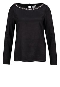 Haut noir à manches longues avec un large décolleté orné d'embellissements décoratifs. Tissu lisse avec une coupe simple et ajustée.