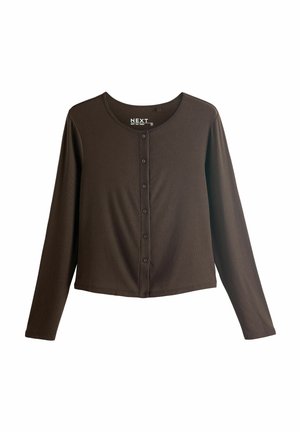 Pruun pikem varrukatega pluus, millel on ümar kaelus, eest nööbitav, sooniline tekstuur ja mugav lõige. Sobib kihiliseks kandmiseks või vabaajaks.