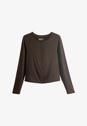 Pruun pikem varrukatega pluus, millel on ümar kaelus, eest nööbitav, sooniline tekstuur ja mugav lõige. Sobib kihiliseks kandmiseks või vabaajaks.