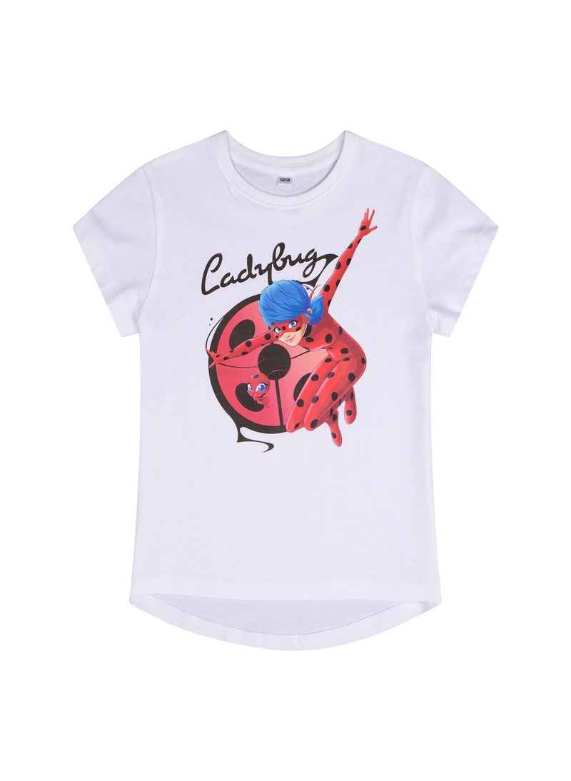 T-shirt bianco in cotone con una grafica colorata di un personaggio vestito con un outfit a pois rossi e neri, capelli blu e il testo "Ladybug".