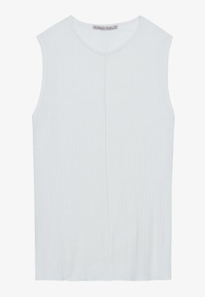 Light blue sleeveless top made of ribbed fabric, featuring a round neckline and a center seam detail. Smooth texture with a relaxed fit.