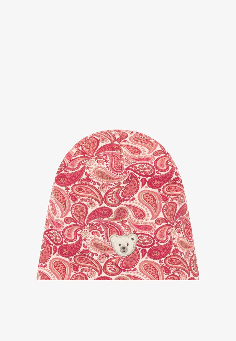 Gorro de punto rosa con estampado de cachemira, de forma redondeada y textura suave, con un aplique de oso blanco en la parte frontal.
