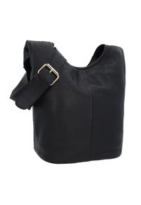 Black leather shoulder bag with a soft texture, curved shape, adjustable strap, and gold buckle detail. Simple and functional design.
