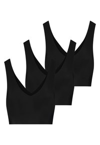 Tre bralette nere con scollatura a V profonda, realizzati in tessuto liscio e elasticizzato. Ognuno presenta spalline larghe e un design senza cuciture.