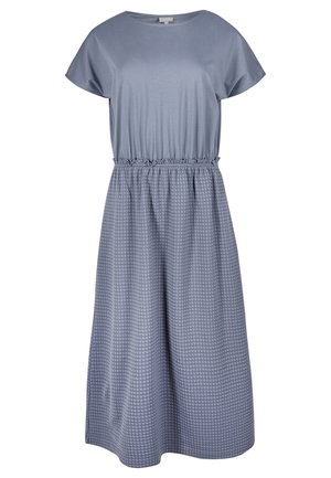 Blaues Kurzarmkleid mit elastischem Bund, glattem Oberstoff und strukturiertem karierte Rock, der unter das Knie reicht.