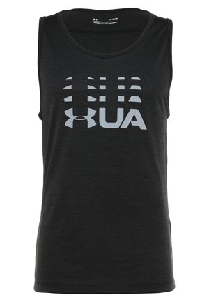 Schwarzes ärmelloses Sporttanktop mit großem reflektierendem grauem Under Armour Logo und stilisierten „UA“-Buchstaben auf der Vorderseite.