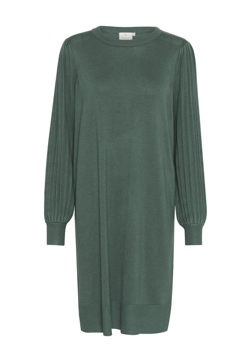 Robe en tricot vert avec de longues manches plissées, un col rond et des poignets et un ourlet côtelés. Le tissu texturé ajoute un intérêt visuel.
