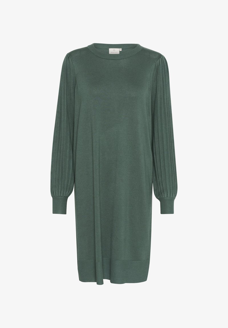 Robe en tricot vert avec de longues manches plissées, un col rond et des poignets et un ourlet côtelés. Le tissu texturé ajoute un intérêt visuel.