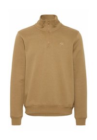 Light brown zip-up sweatshirt featuring a high collar, ribbed cuffs, and hem. Subtle logo detail on the chest. Smooth cotton material.