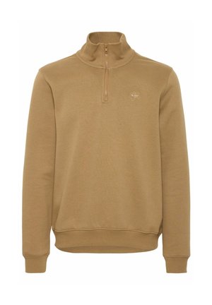 Kerge pruun tõmbatava varrukaga pusa, millel on kõrge kaelus, soonilised mansetid ja alläär. Rinnal on peen logodetail. Sile puuvillane materjal.