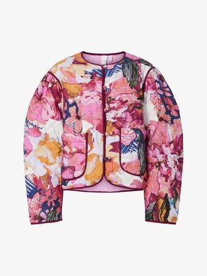 Quilted bomber jacket featuring a multicolored floral pattern in pink, orange, and blue, with ribbed cuffs and two front pockets.