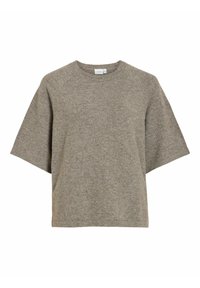 Īsām piedurknēm, gaiši brūns adīts tops ar vaļīgu pieguli, apaļu kakla izgriezumu un mīkstu tekstūru. Raksturo minimālistisks dizains bez rakstiem vai akcentiem.