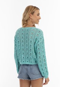 Maglione turchese lavorato a maglia con un motivo a pizzo, design corto e maniche lunghe, abbinato a pantaloni corti di jeans. Aspetto texturizzato e arioso.