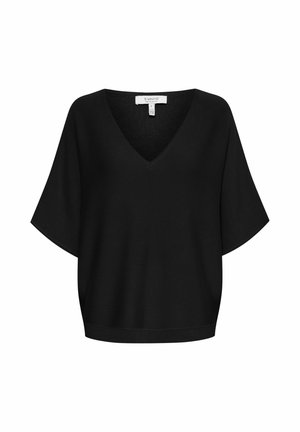 Pulover negru cu decolteu în V și mâneci scurte, late, realizat dintr-un material tricotat moale. Are o croială lejeră și un tiv nervurat la baza sa.