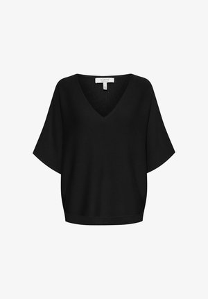 Juodas V-kaklo megztinis su trumpomis, plačiomis rankovėmis, pagamintas iš minkštos mezgimo medžiagos. Turi laisvą siluetą ir raiškiai megztą apačią.