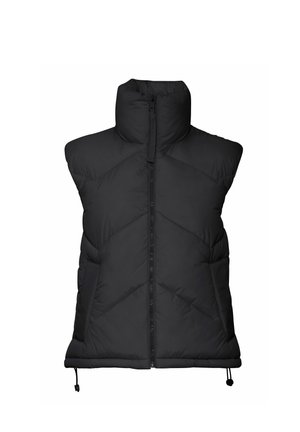 Gilet rembourré noir avec un col haut, doté d'une fermeture éclair frontale, d'une texture matelassée et d'un ourlet à cordon de serrage. Design sans manches avec poches latérales.