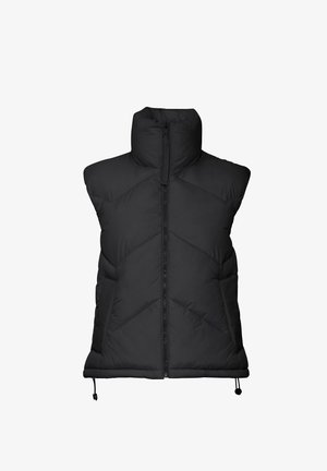 Gilet rembourré noir avec un col haut, doté d'une fermeture éclair frontale, d'une texture matelassée et d'un ourlet à cordon de serrage. Design sans manches avec poches latérales.